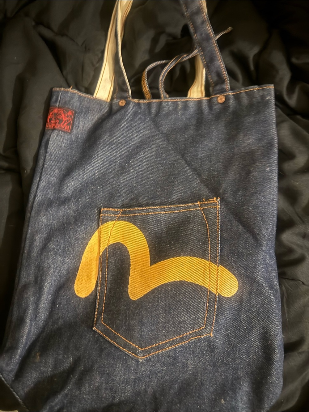 Evisu Denim Messenger Tote with Yellow Graphic